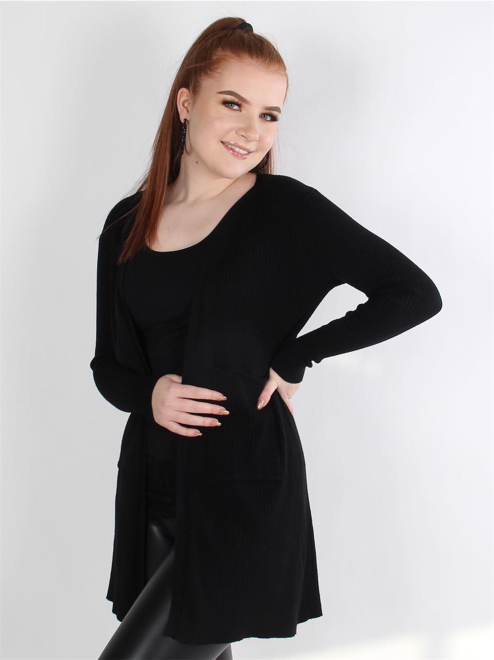 Nona - Sort cardigan i ribbet strik